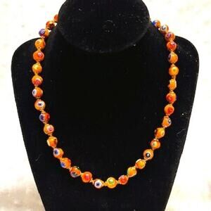 Vintage Venetian Millefiori Murano Glass Beaded Multi Color/Orange Necklace
